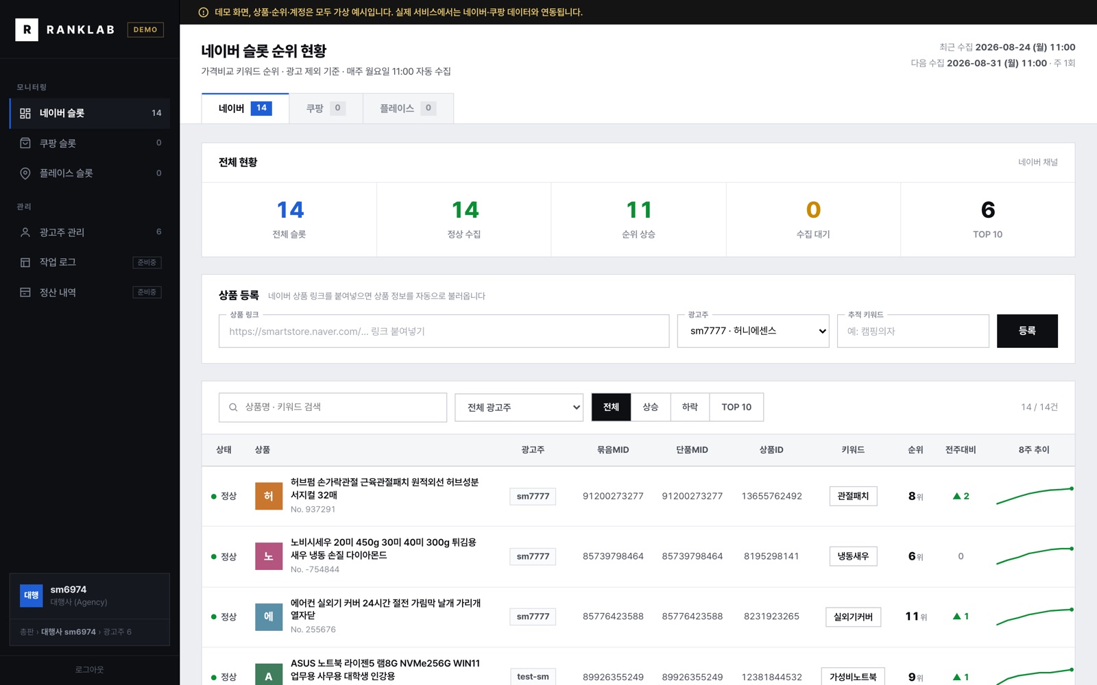 가상 데이터로 구성한 스마트스토어 순위 조회 웹서비스 데모 화면